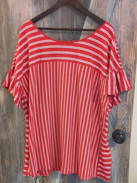 Terra & Sky Tops - Terra & Sky Red and White Striped Ruffle Sleeve Tunic Plus Size 3XL